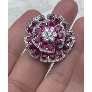 Charles Winston Sterling Silver Pink Raspberry Cubic Zirconia Flower Ring
